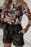 Pink Mesh Floral Print Mock Neck Long Sleeve Slim Top