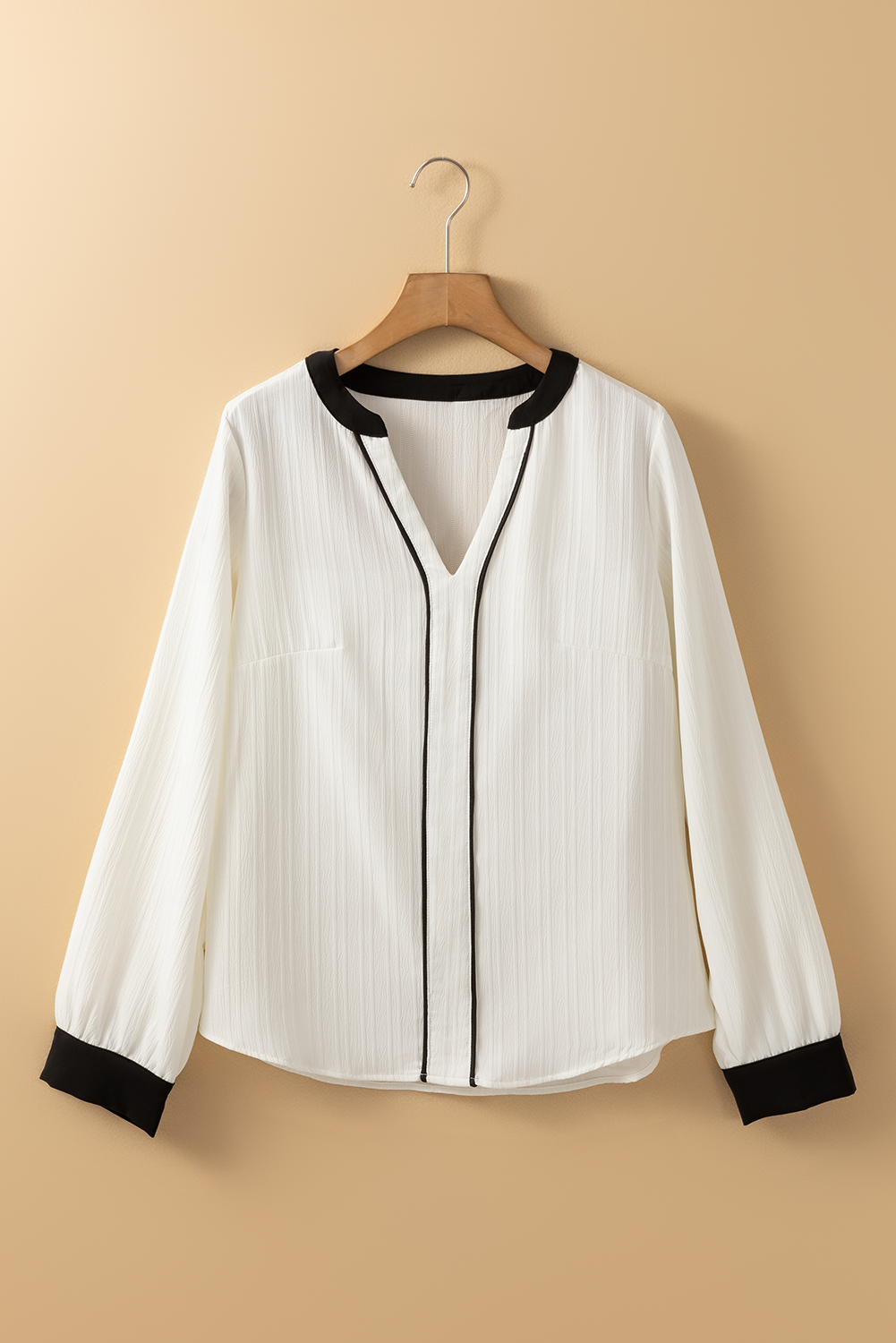 White Textured Colorblock V Neck Elegant Blouse