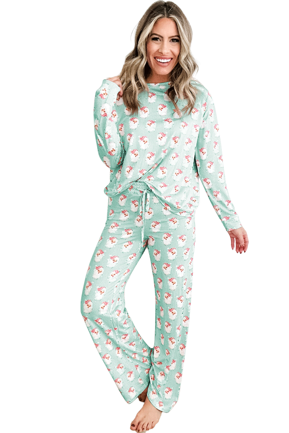 Green Santa Claus Striped Print Loose Fit Two Piece Lounge Set