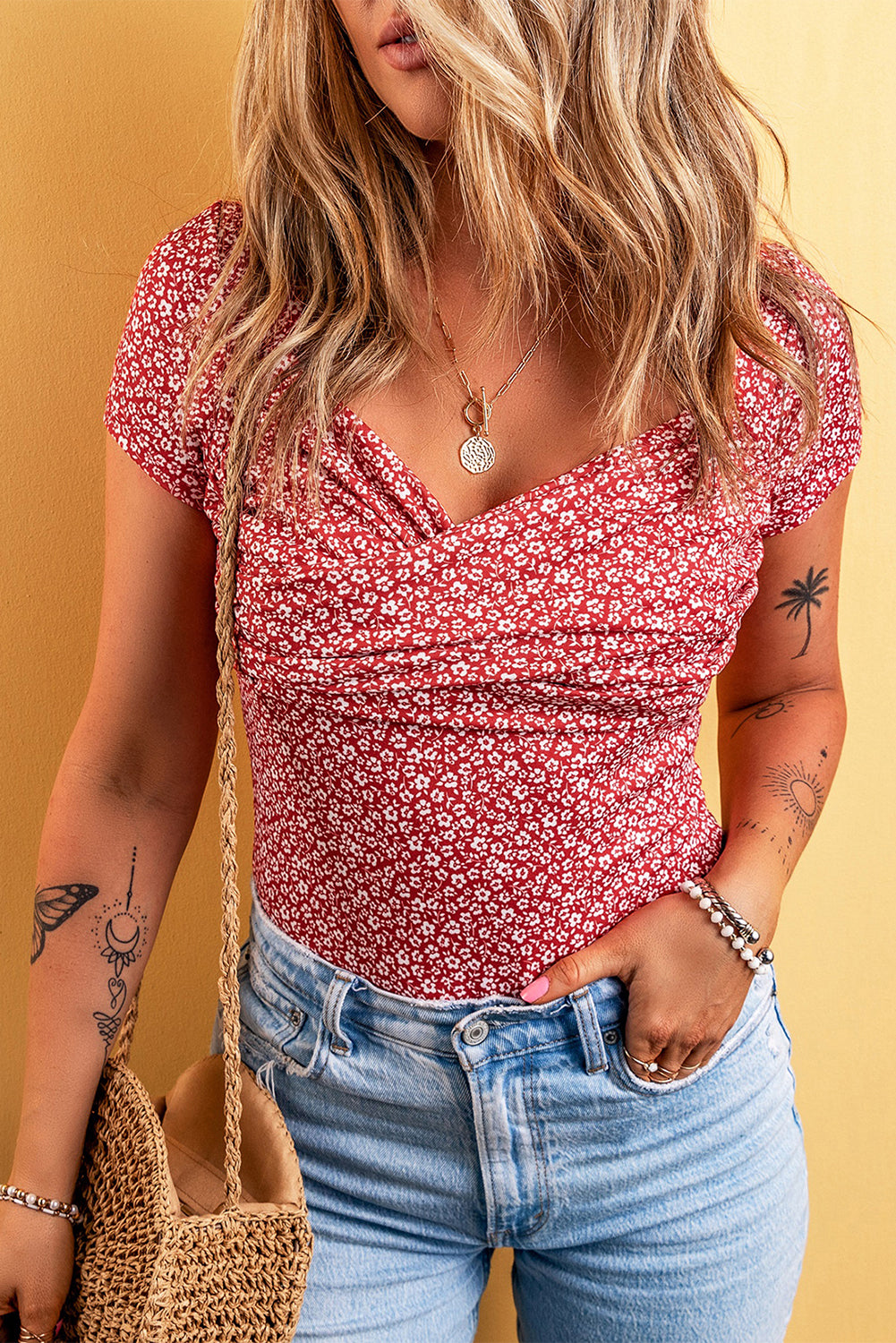 Red Wrapped V Neck Short Sleeve Floral Bodysuit