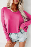 Rose Red Loose V Neck Dropped Long Sleeve Top