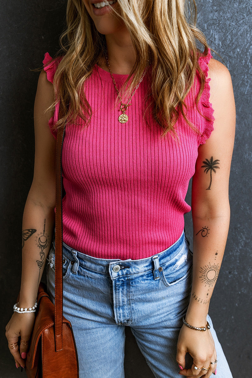 Bright Pink Ribbed Ruffled Sweater Tank