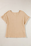 Oatmeal Textured Knit Button Back Cuffed Sleeve Tee