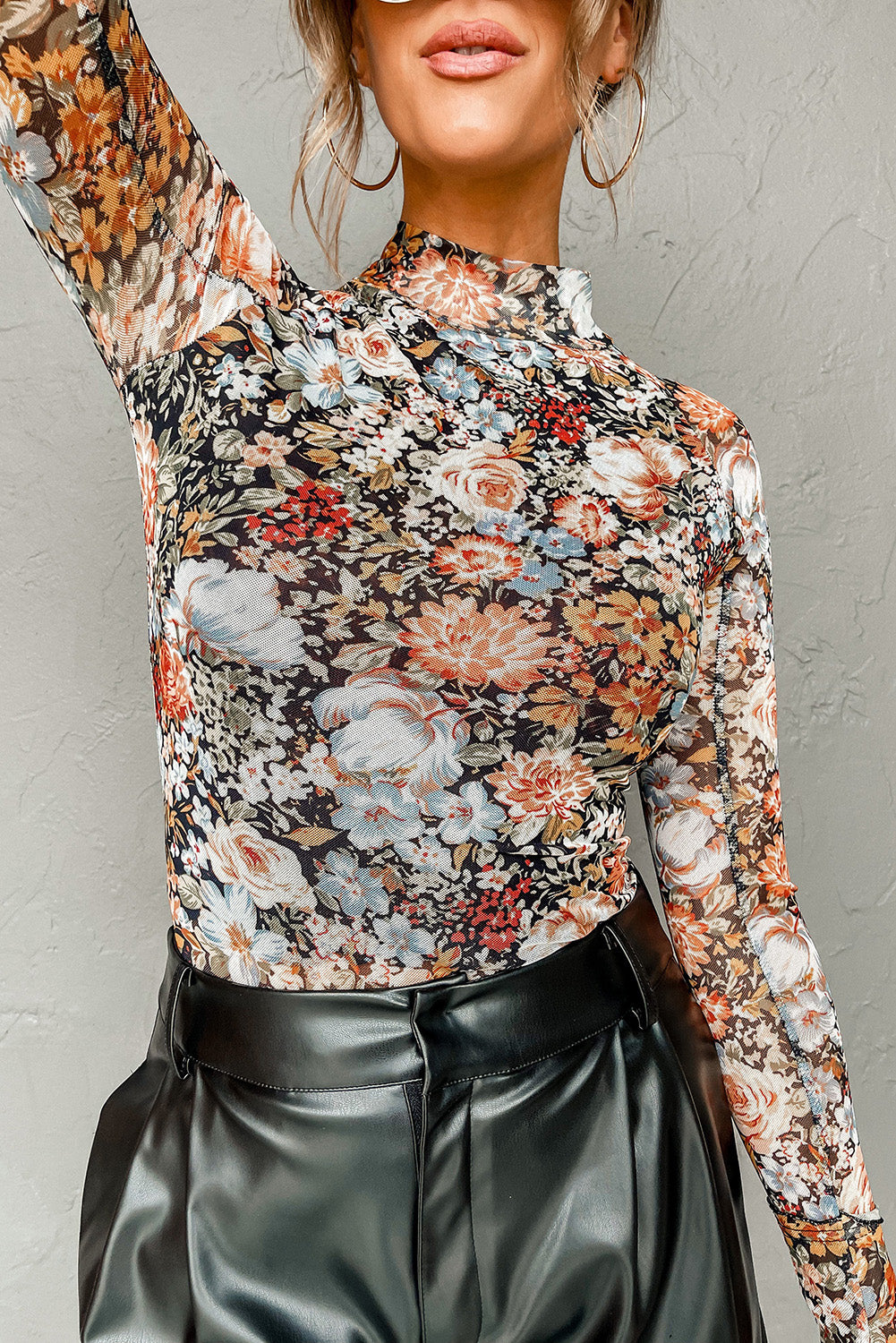 Brown Floral Long Sleeve High Neck Sheath Mesh Blouse