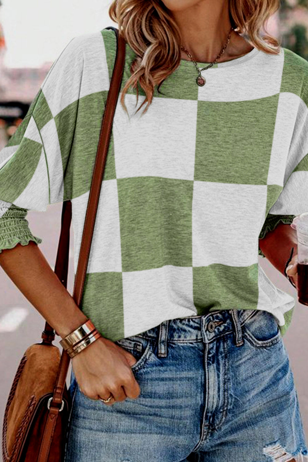 Grass Green Mix Checkered Print Shirred Cuffs Blouse