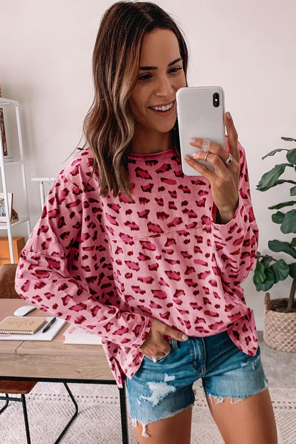 Pink Animal Print Stitching Loose Long Sleeve Top