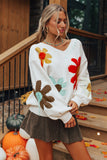 White Big Flower Pattern V Neck Drop Shoulder Sweater