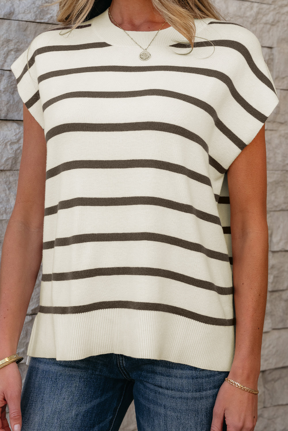 Brown Stripe Side Slits Crewneck Short Sleeve Sweater Tee