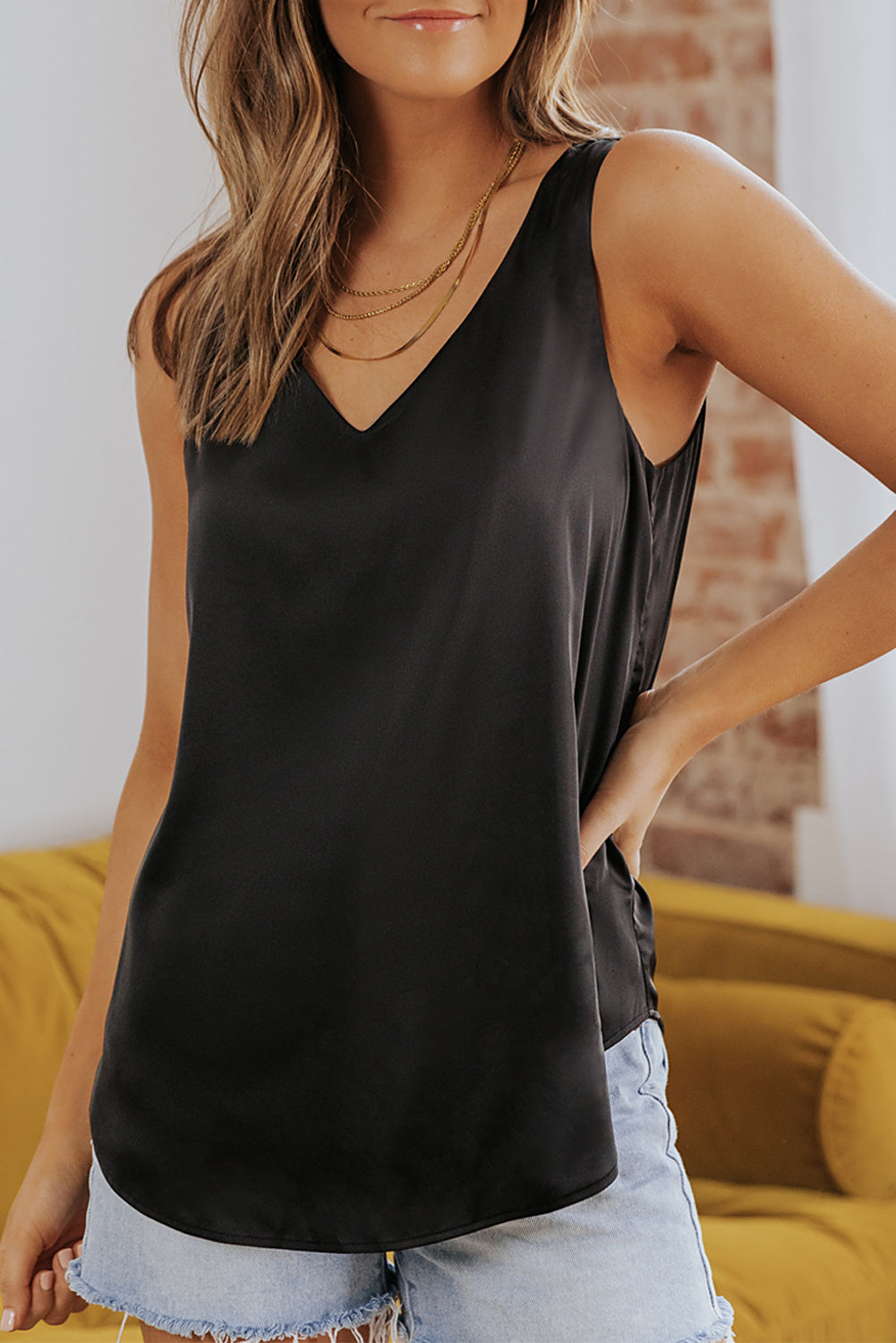 Black Deep V Neck Loose Tank Top