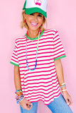 Rose Stripe Contrast Trim Crew Neck Loose Short Sleeve Top