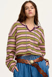 Spinach Green Clashing Stripes Waffle Texture Notched Neck Long Sleeve Top