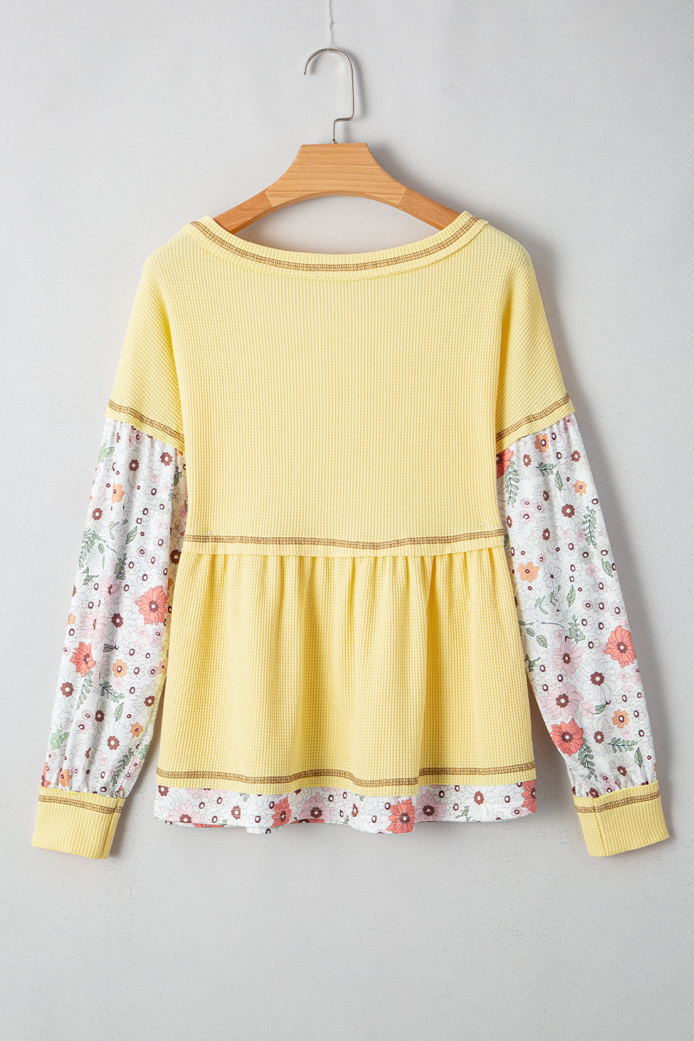 Yellow Floral Patchwork Waffle Knit Babydoll Blouse