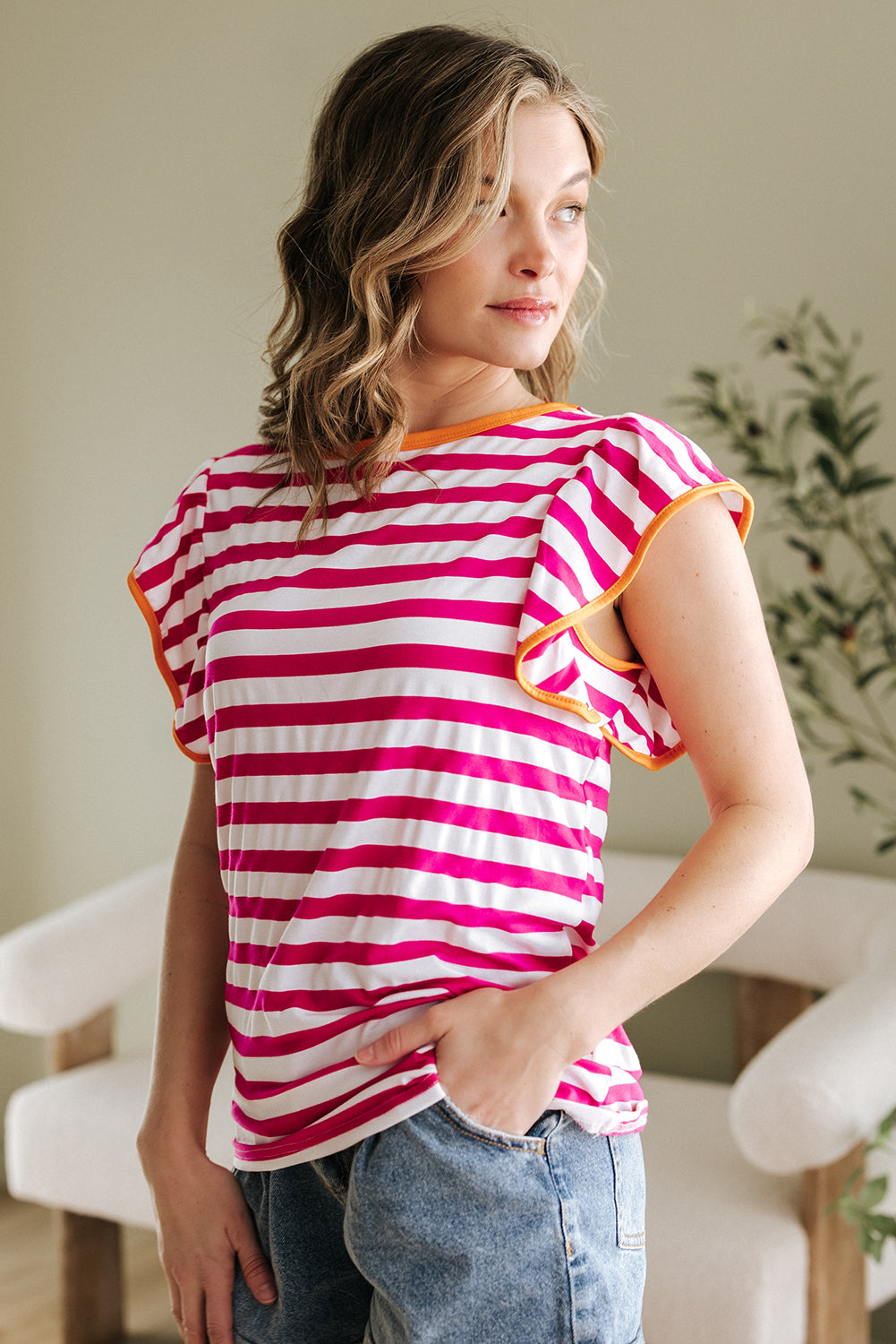 Rose Red Striped Ruffle Sleeve Crew Neck Blouse