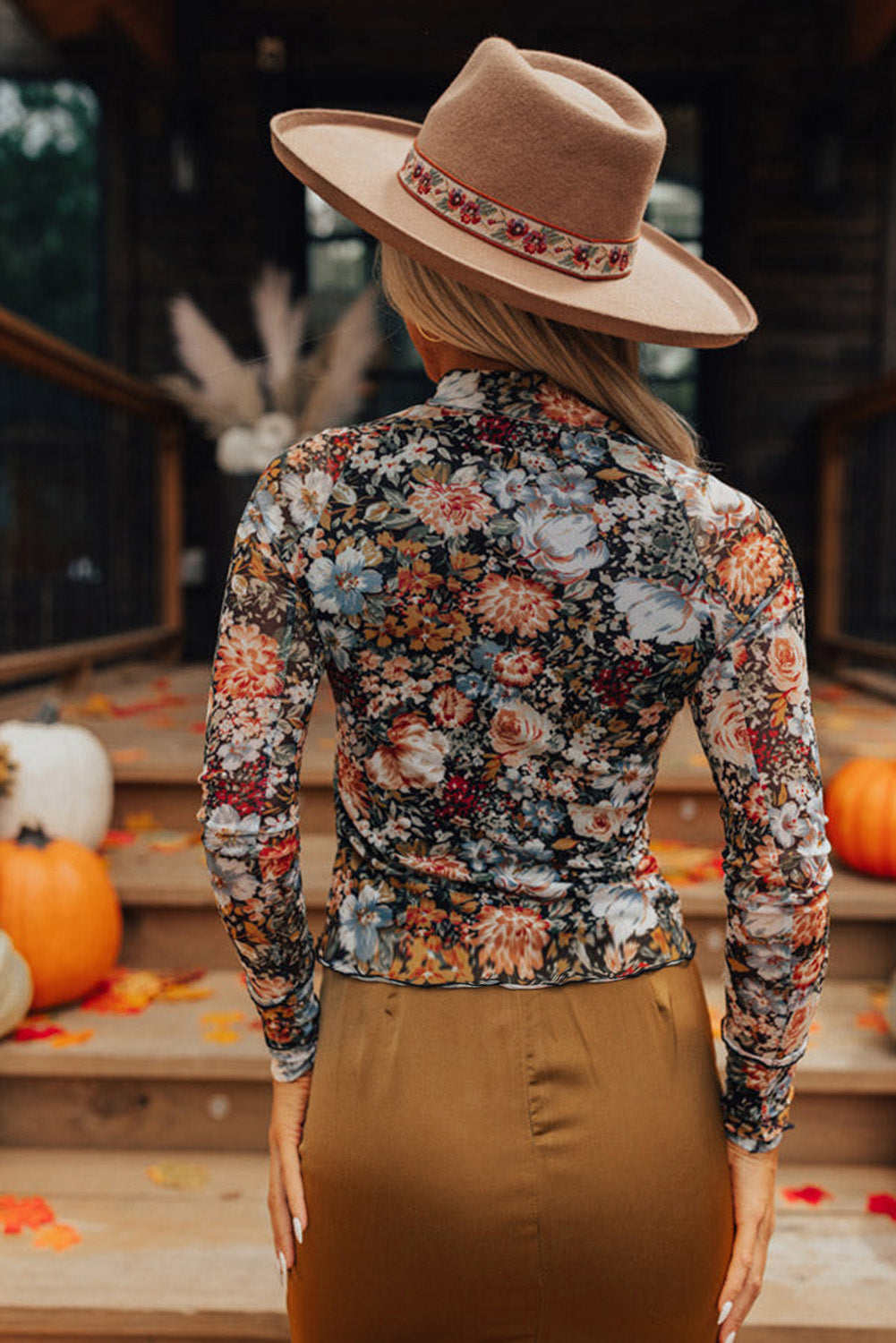 Brown Floral Long Sleeve High Neck Sheath Mesh Blouse