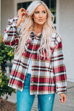 Fiery Red Geometric Plaid Print Pocketed Shacket